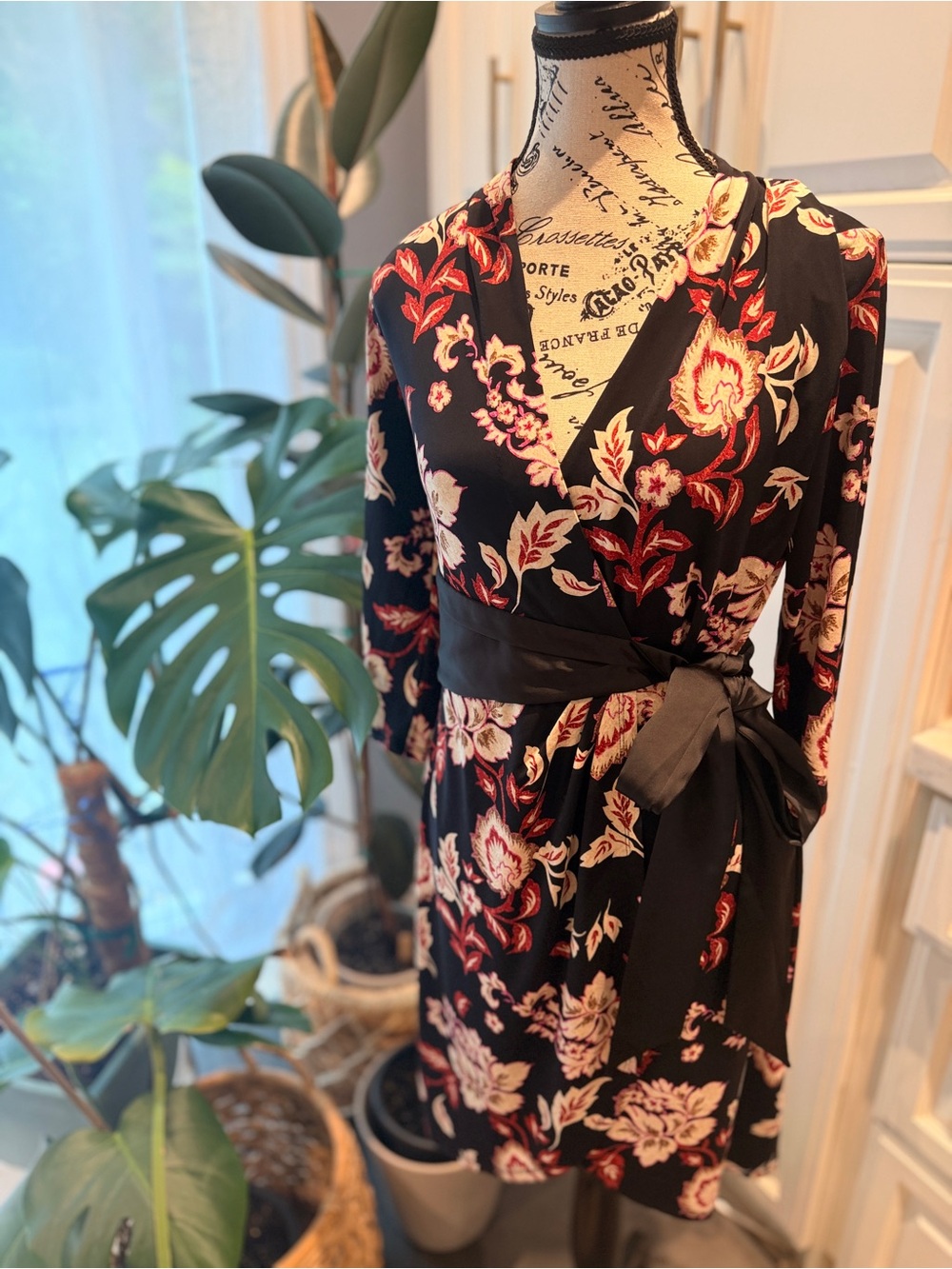 White House Black Market Black Floral Wrap Dress with Sash